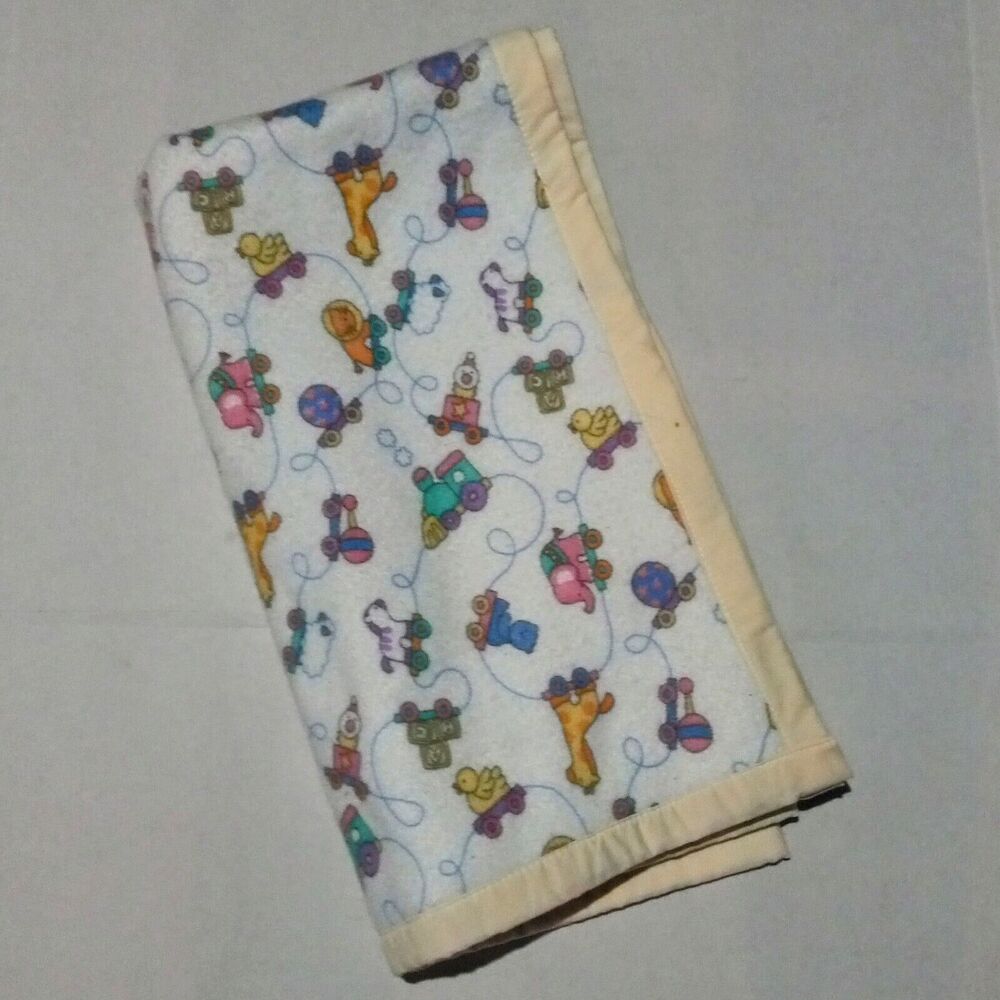 Vintage Animal Train Crib Blanket-Satin Trimmed-Pastel-Toys-Block-40 x 42 inches